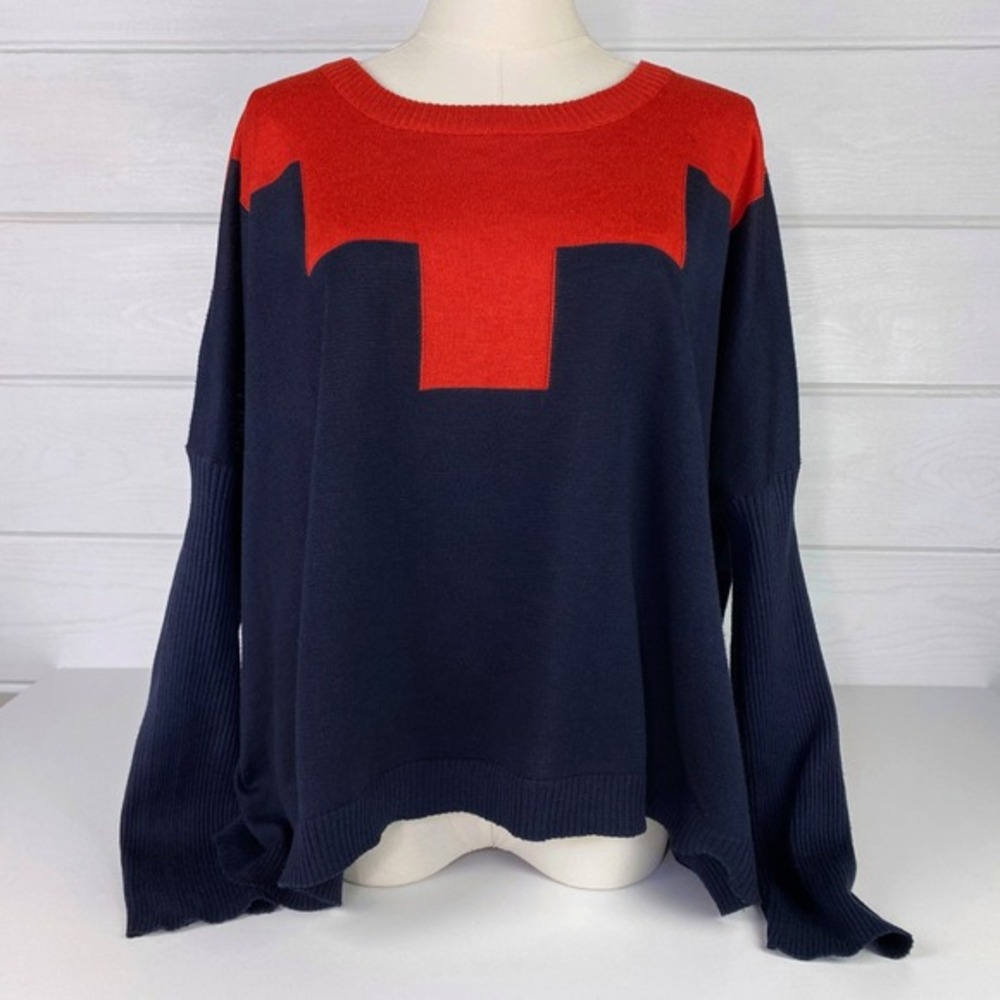 Oversized Minimalist Geometric ColorBlock Lightweight Sweater L Navy Orange Boxy